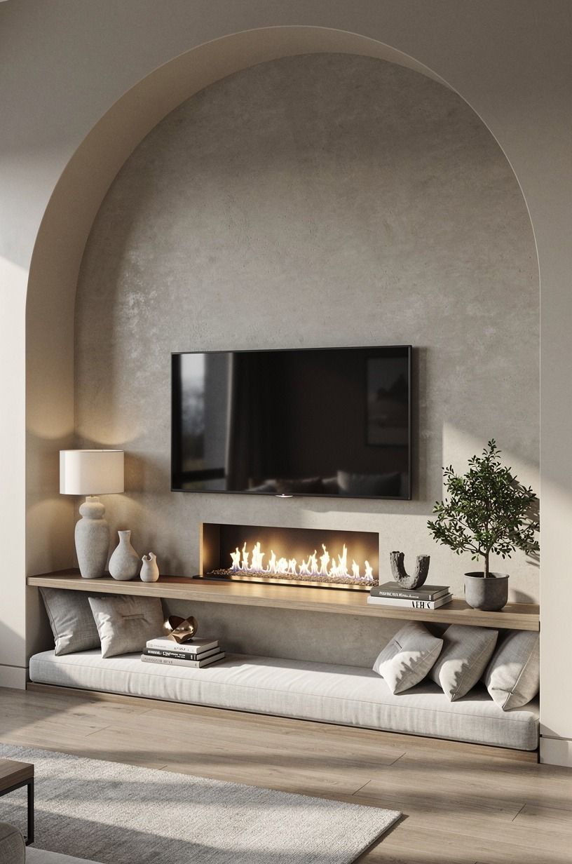 Layer a bench below the wall TV stand ideas