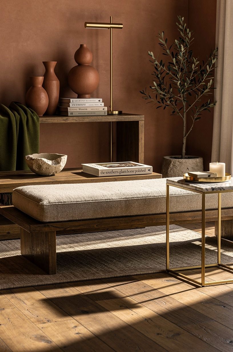 Mix old wood with polished brass, not more gold