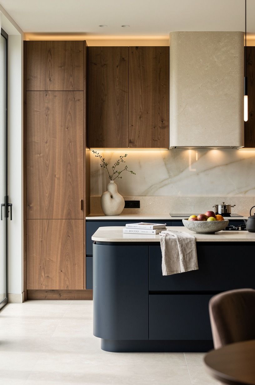 Mix creamy stone with warm wood tones kitchen cabinets