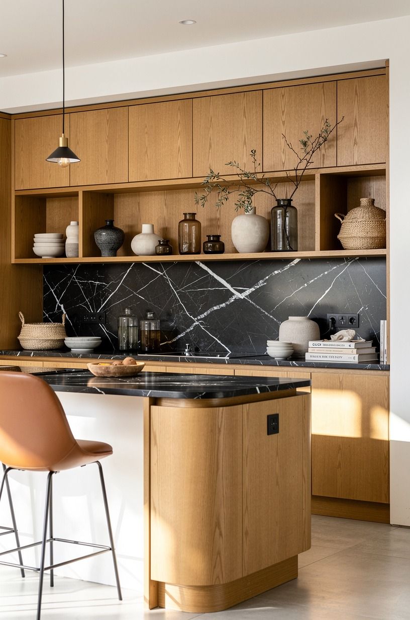 Start by clearing the visual noise around warm oak kitchen cabinets