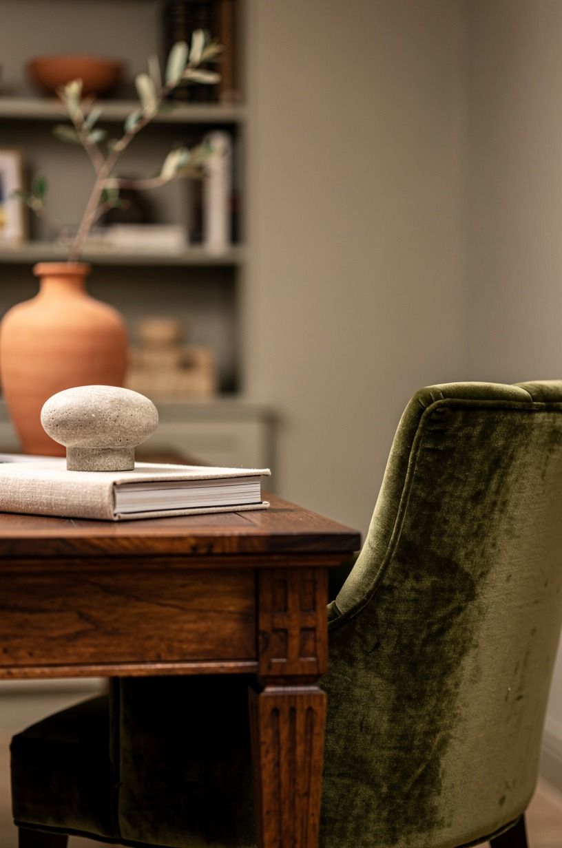 Can a masculine basement office still feel warm?