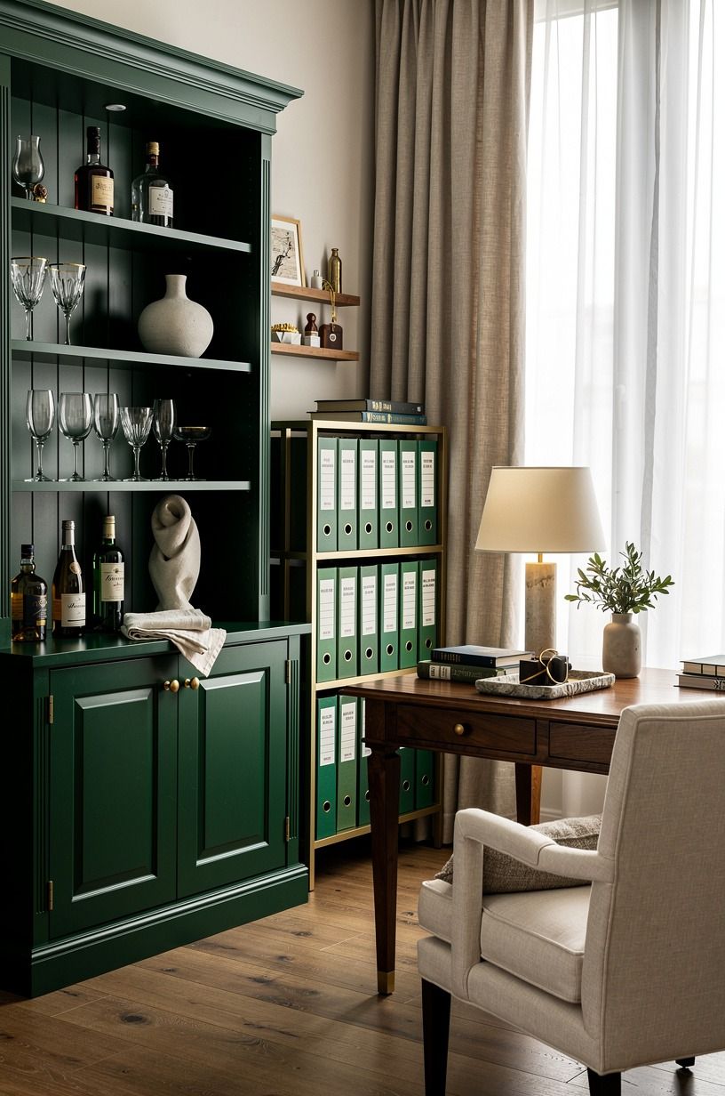 Let a dark academia home bar live beside the files