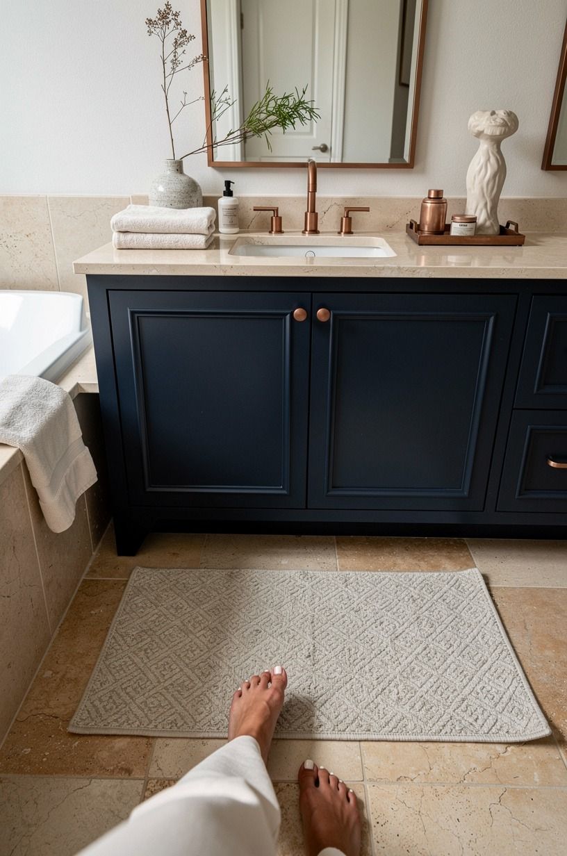 Layer a washable runner beside the vanity
