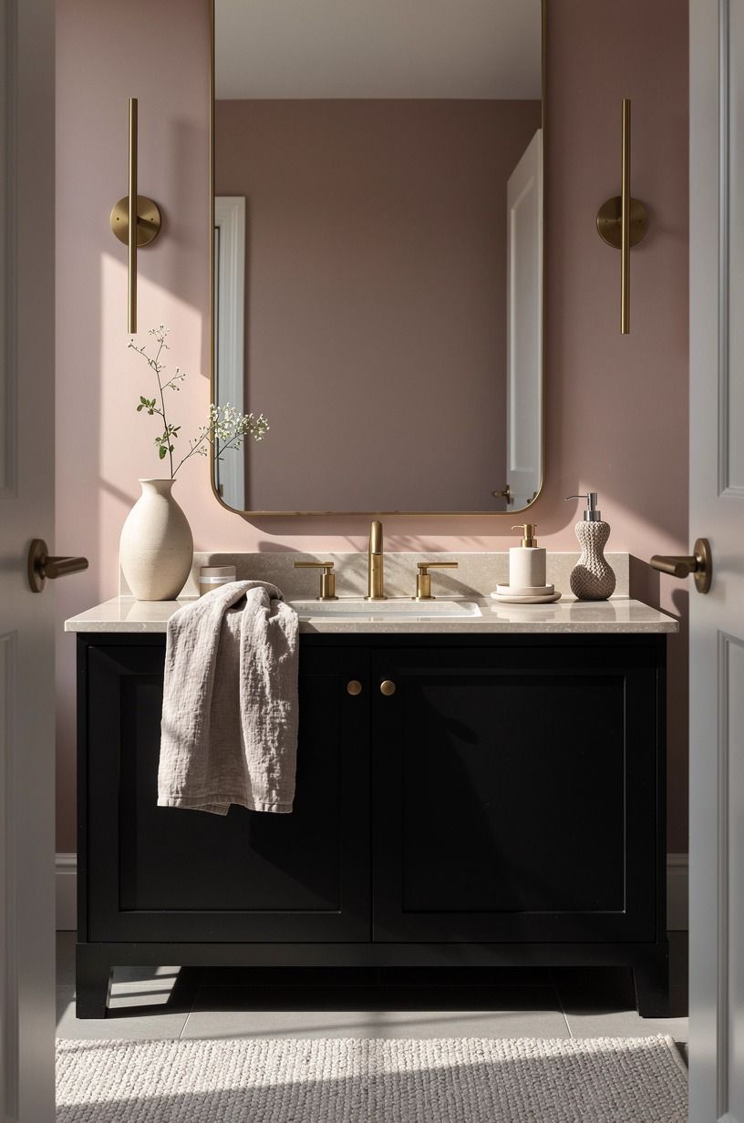 Frame Bathrooms With Black Vanity in a Pale Stone Top