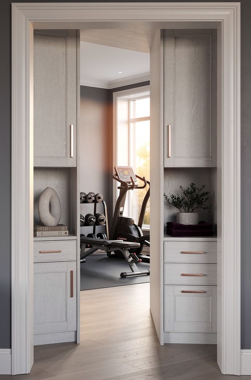 Frame your modern home gym design with storage that closes