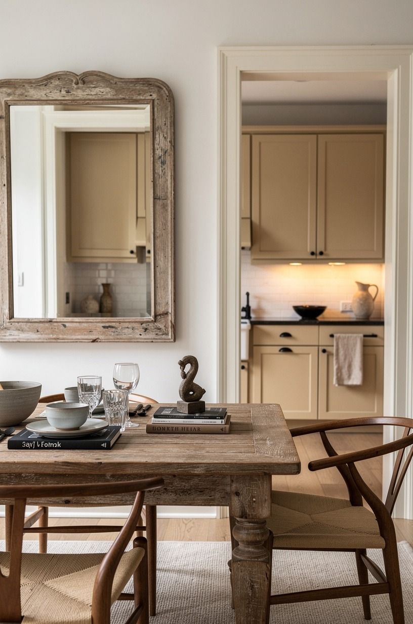 Hang one oversized cottage mirror near the table