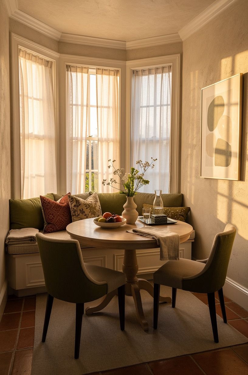 Try a Round Table in a Narrow Breakfast Nook Ideas Bay Window Layout