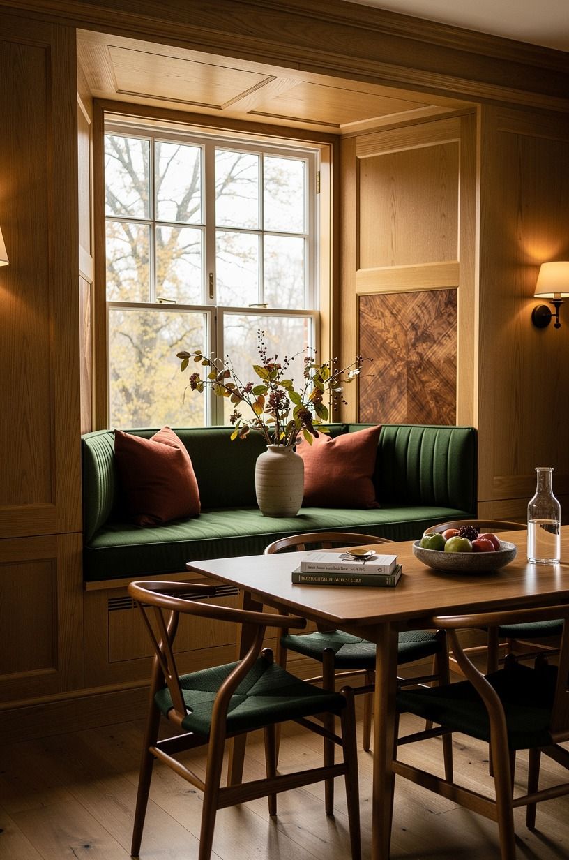 Use the Two-Wood Rule to Keep Your Bay Window Seating Dining Room Calm