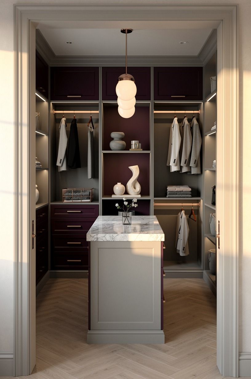 Add a narrow island to a modern walk in closet design luxury