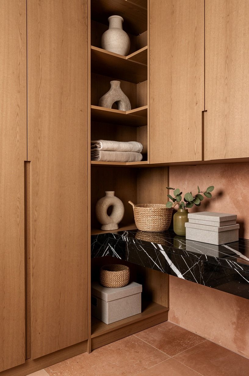 Choose warm wood over glossy modern cupboard design