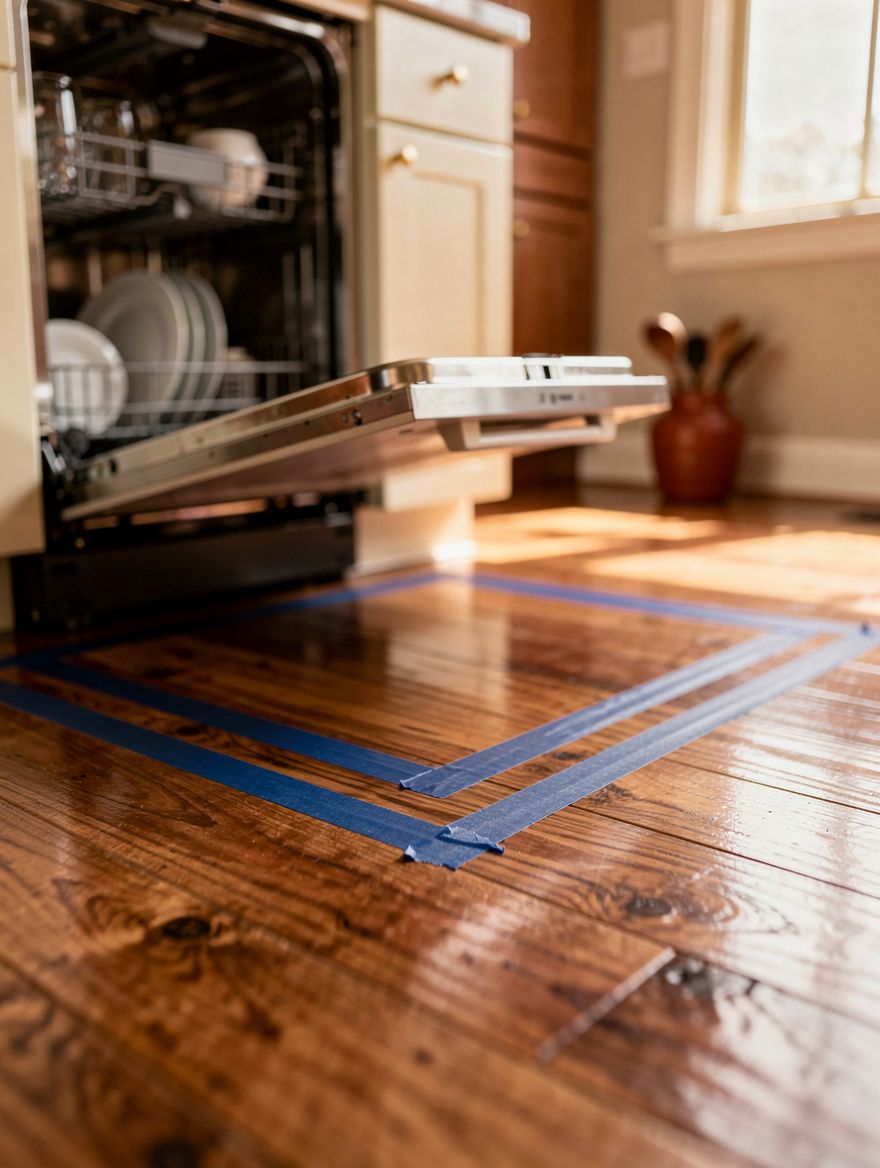 Close detail photo of blue painter's tape marking a small kitchen island footprint on warm wood flooring, open