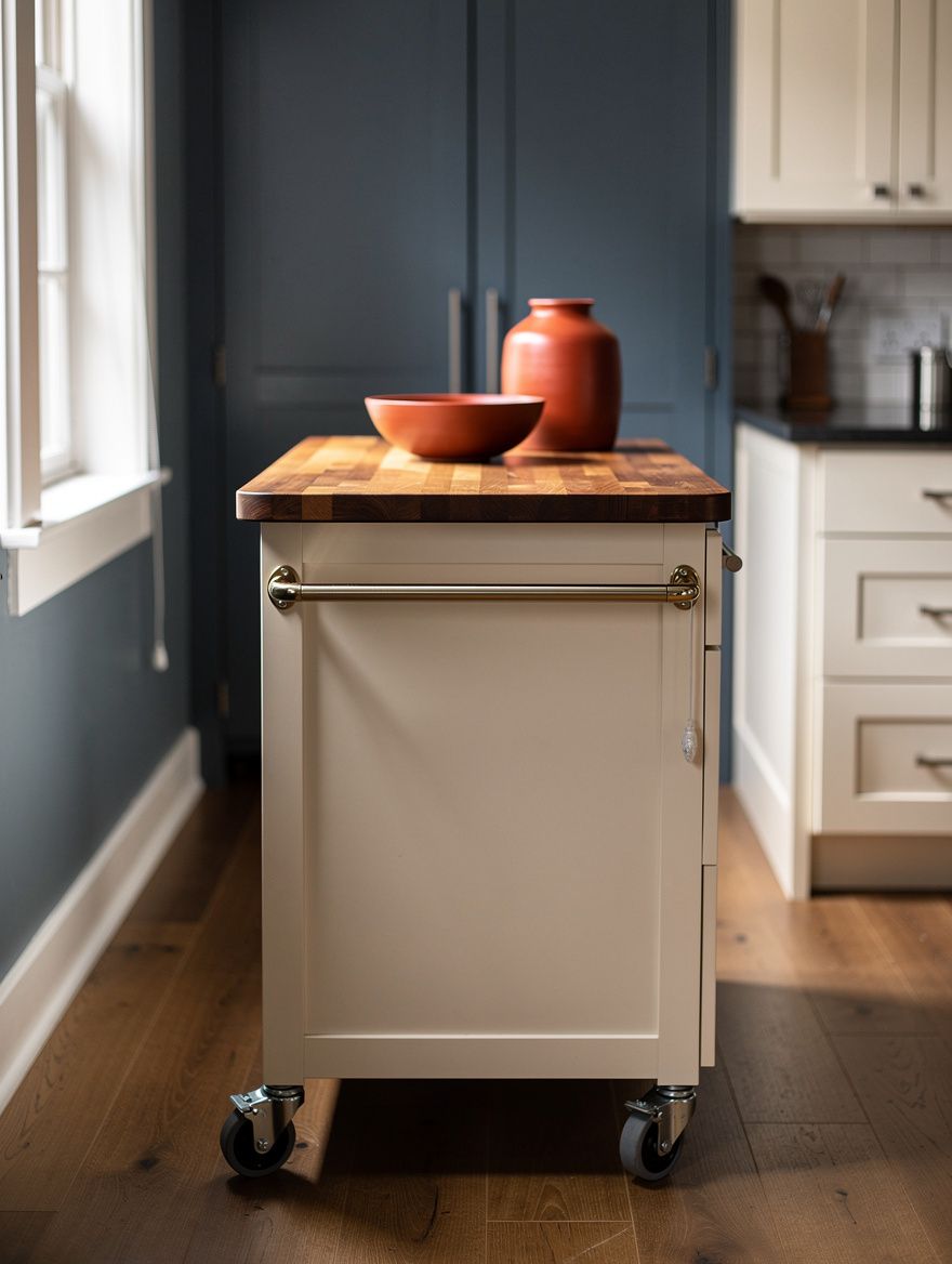 Medium-width editorial photo of a narrow rolling kitchen cart with locking casters in a compact galley kitchen