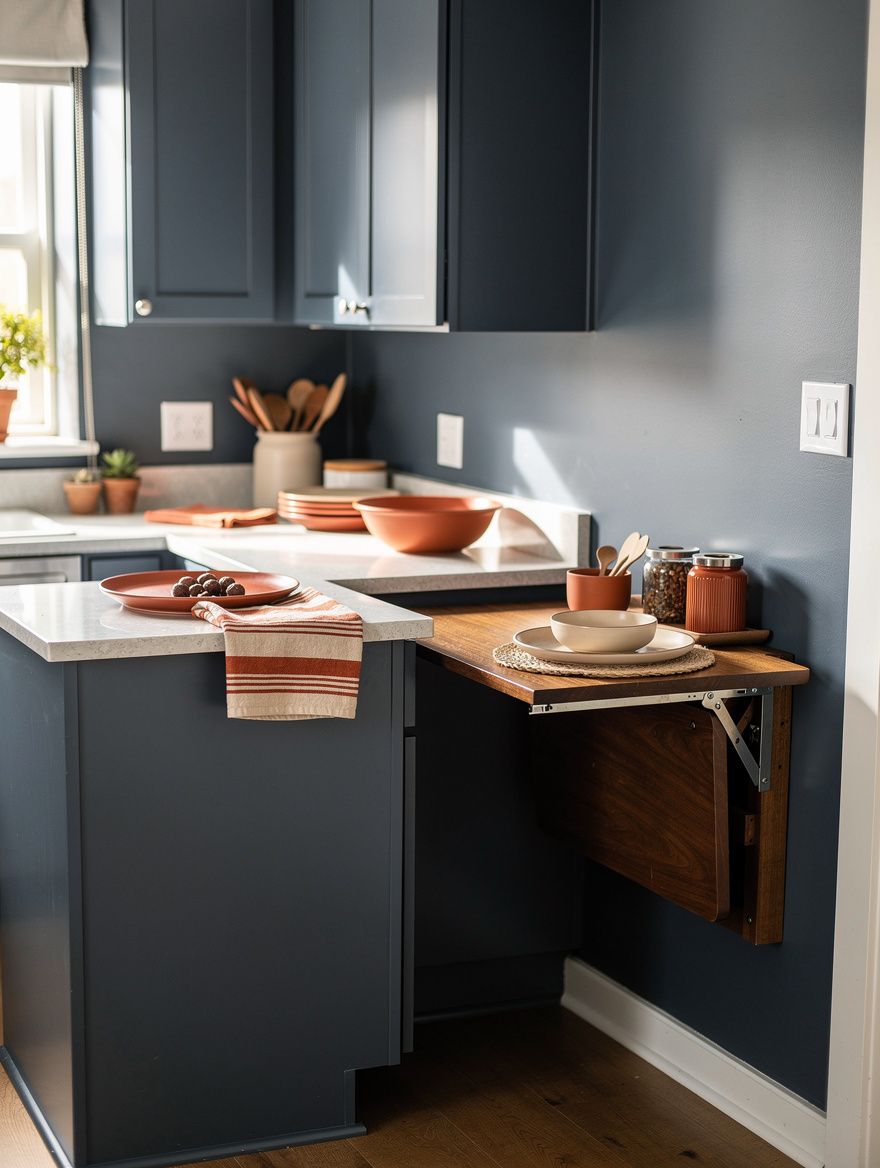 Atmospheric photo of a small kitchen with a wall-mounted fold-down wood table, compact peninsula, soft dayligh