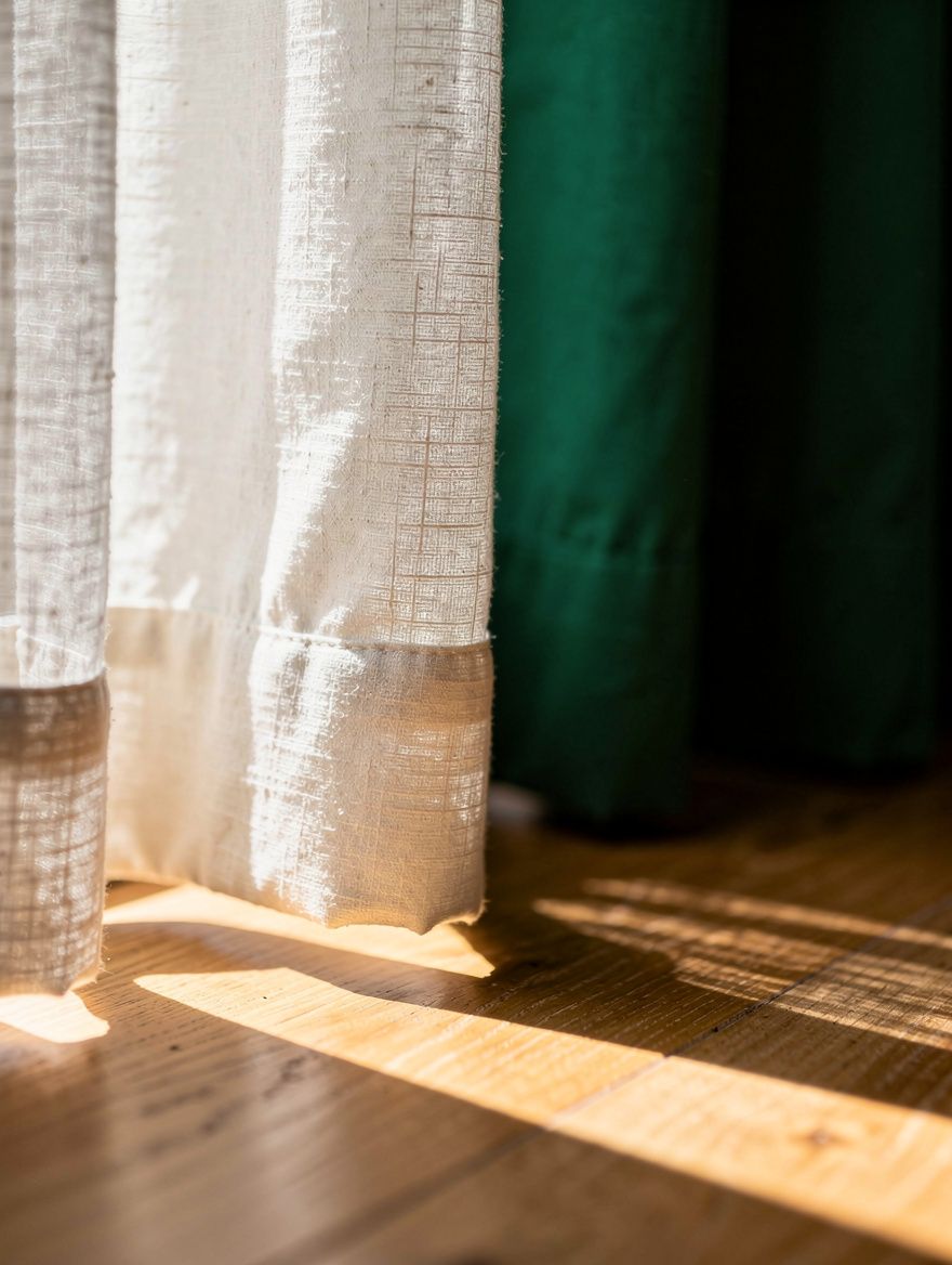 Close detail photo of tailored off-white linen pinch-pleat curtain folds meeting a light oak floor, soft natur