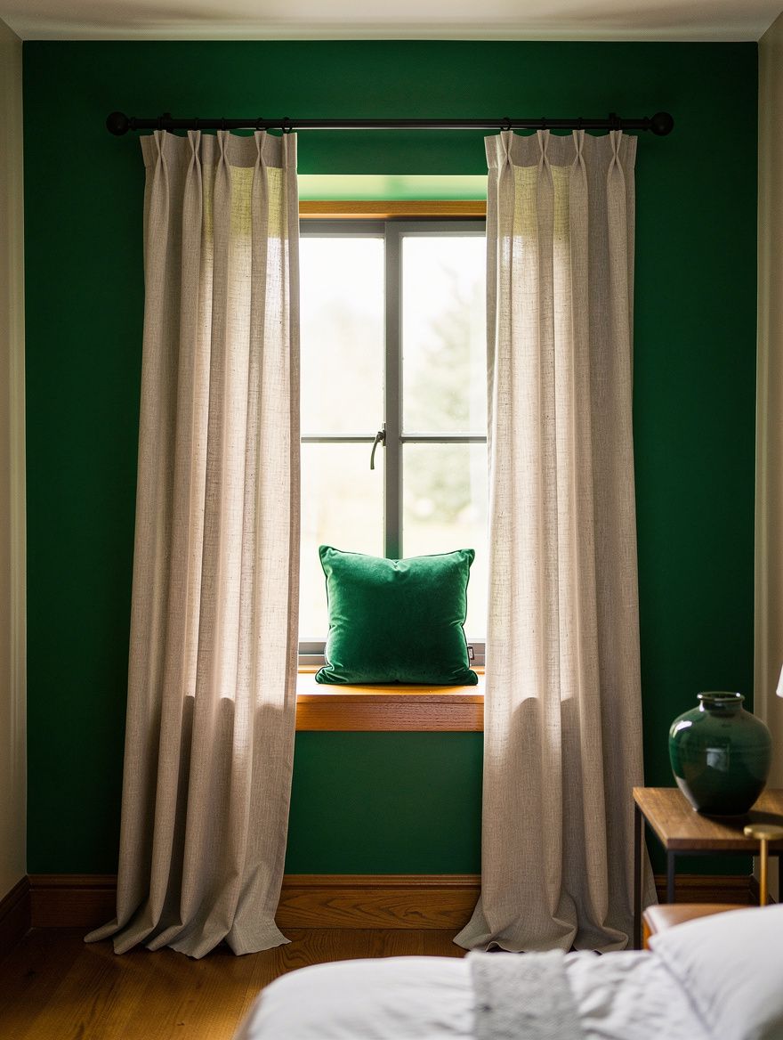 Medium view photo of a compact bedroom window with a slim matte black rod extended beyond the frame and pale g