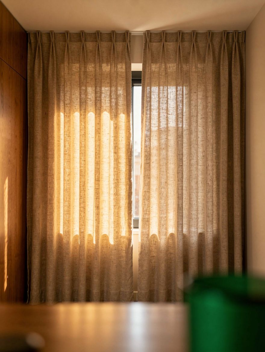 Wide atmospheric photo of a narrow studio wall covered with ceiling-mounted curtains in soft flax fabric, one