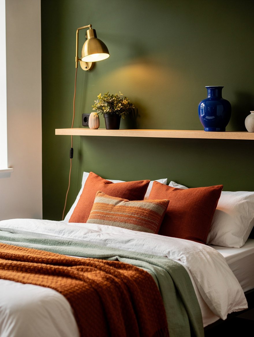 Editorial detail photograph of a small apartment bedroom with articulated brass plug-in sconce, narrow floatin