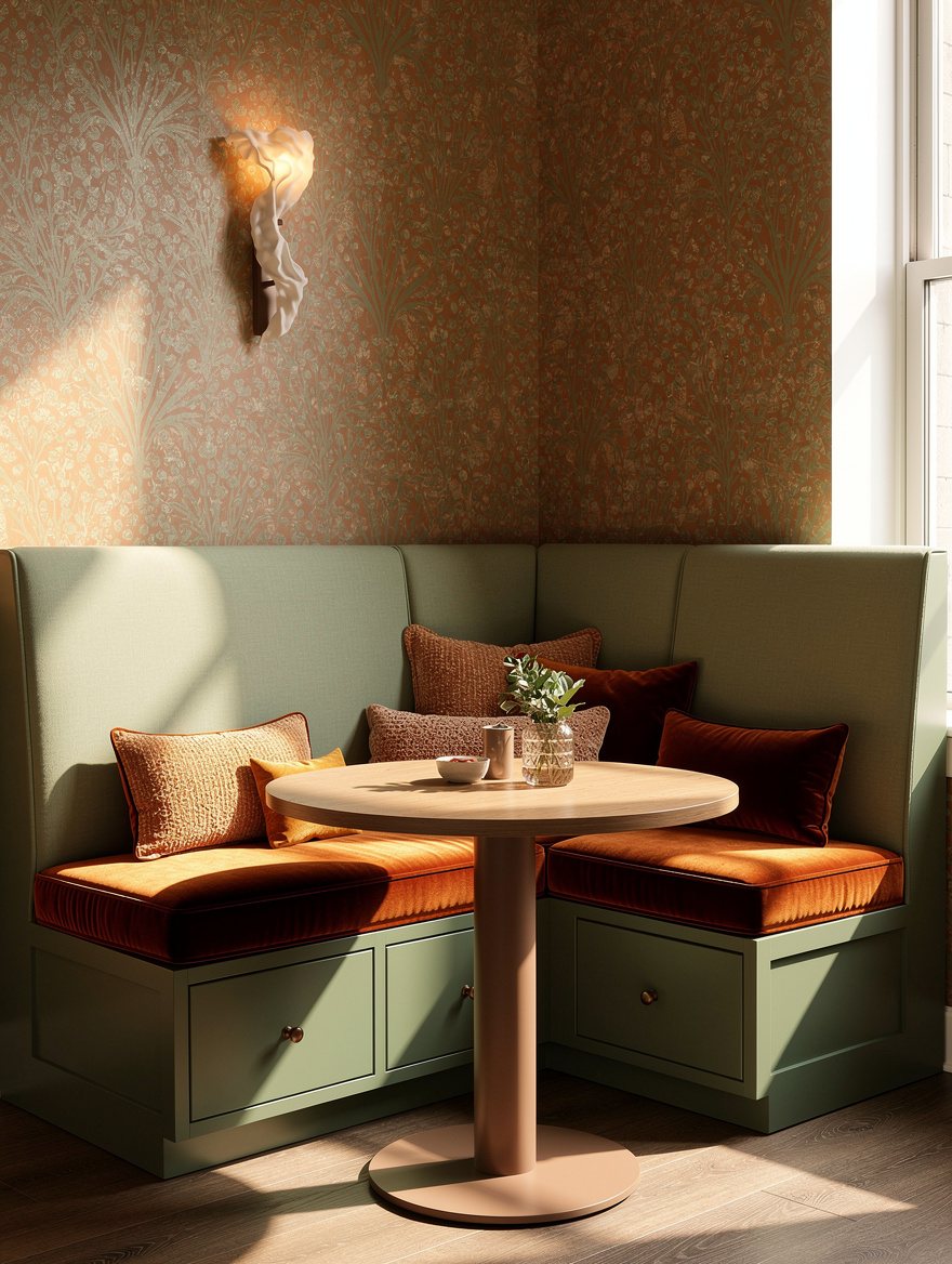 Realistic medium-shot interior photograph of a compact New York dining corner with upholstered banquette drawe