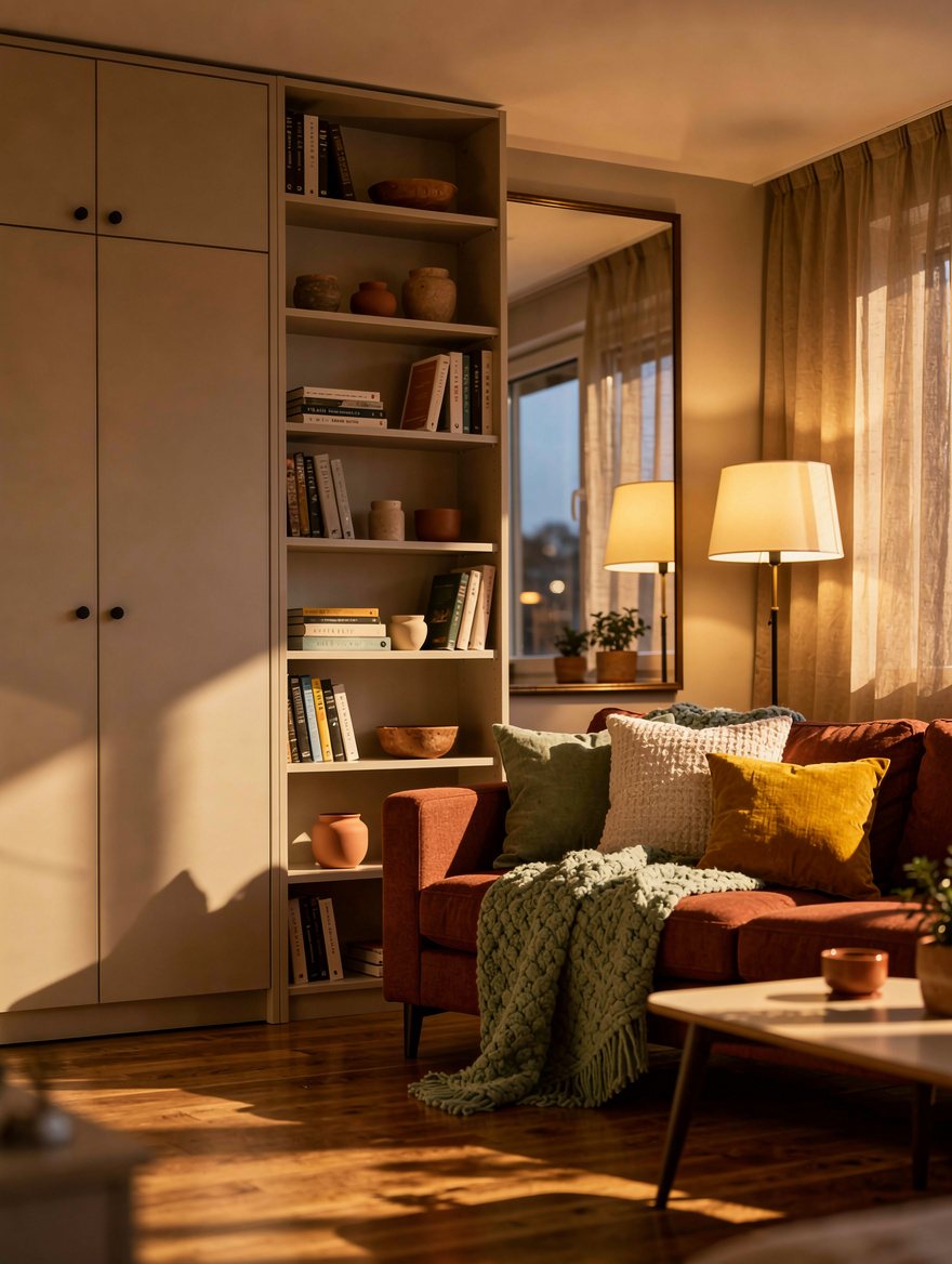 Atmospheric wide interior photograph of a calm small studio apartment with open bookcase divider, tall storage