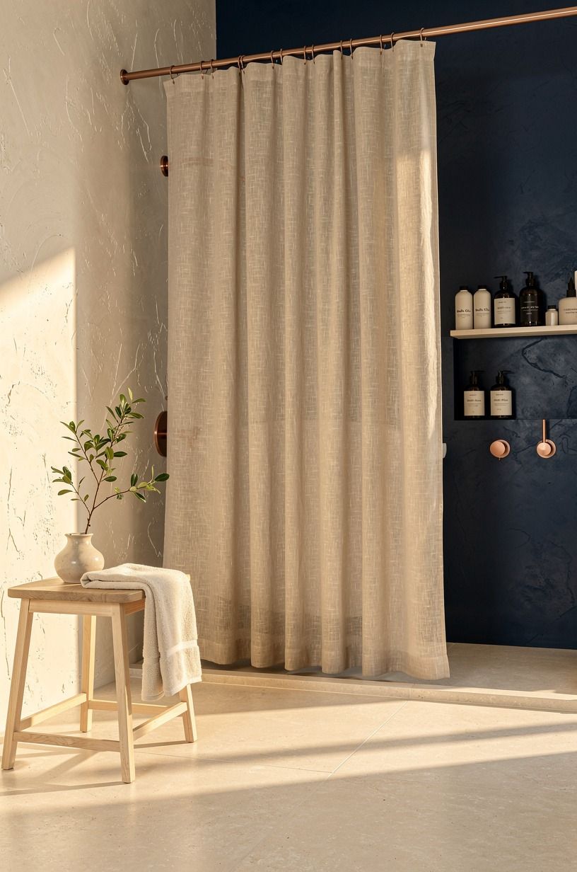 Choose linen over shiny polyester shower curtains