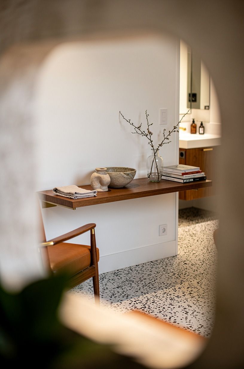 Float a narrow shelf where guests need it