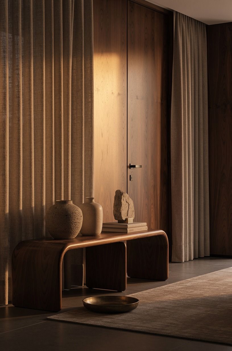 Use curtain fabric to soften the door-heavy wall