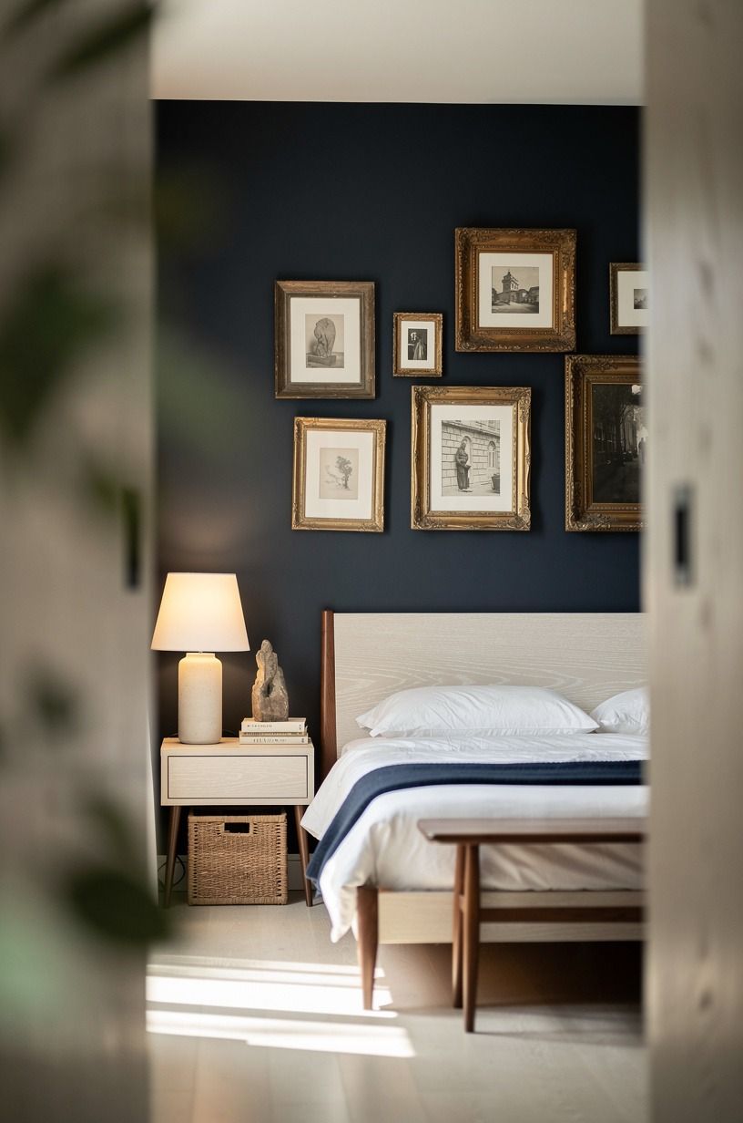 Mix antique frames around one quiet focal point