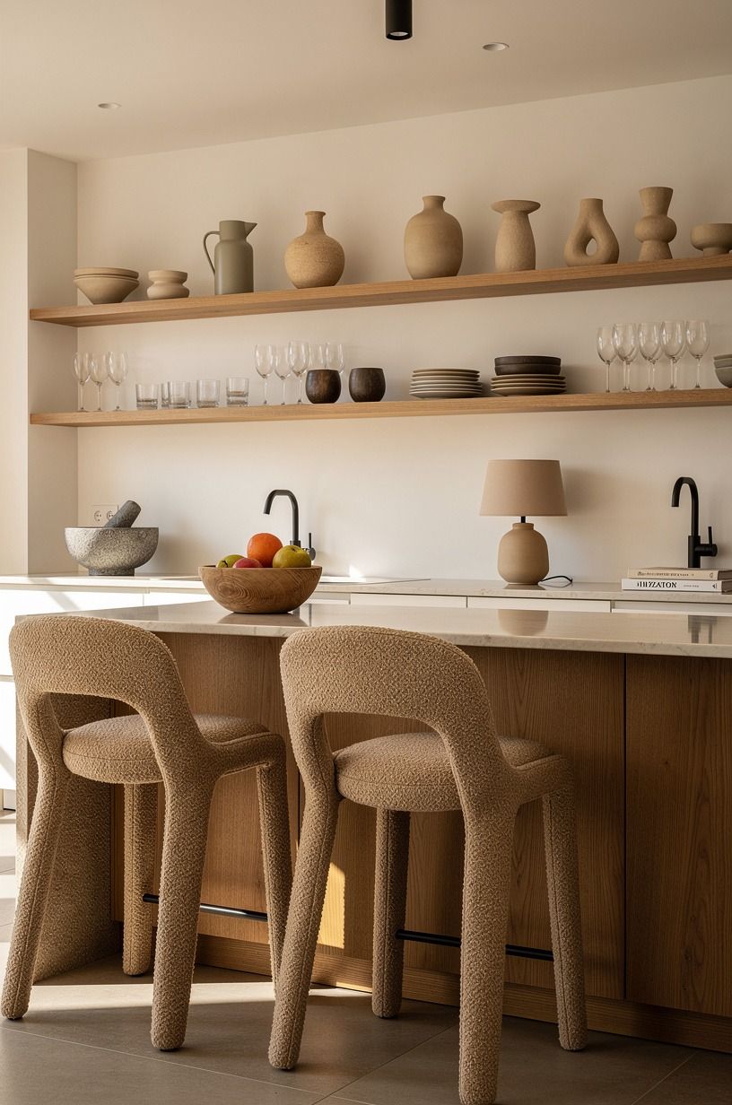 Choose open shelves over crowded upper cabinets