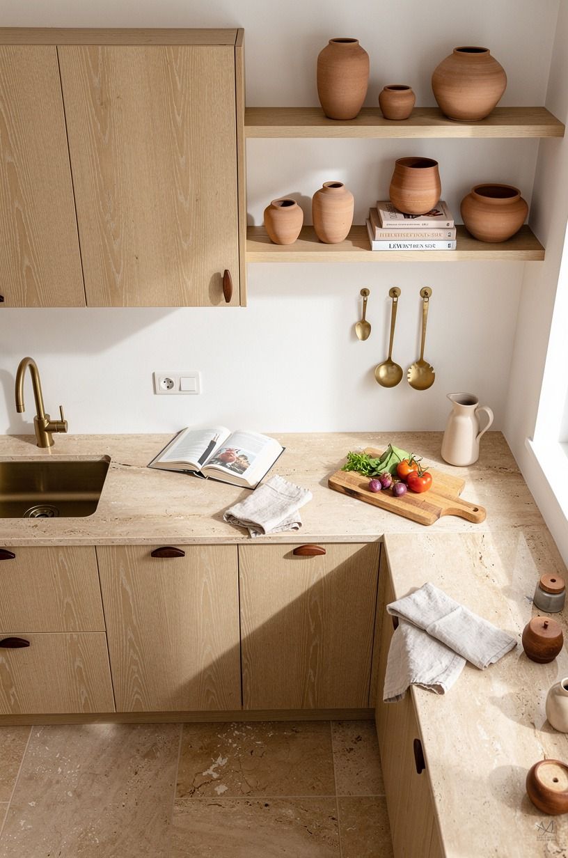 Layer pale oak against soft white walls