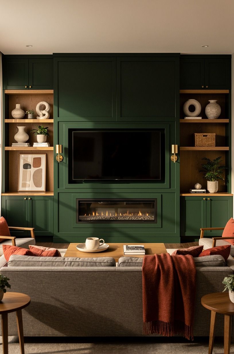 Frame media wall ideas with fireplace and storage as one composition