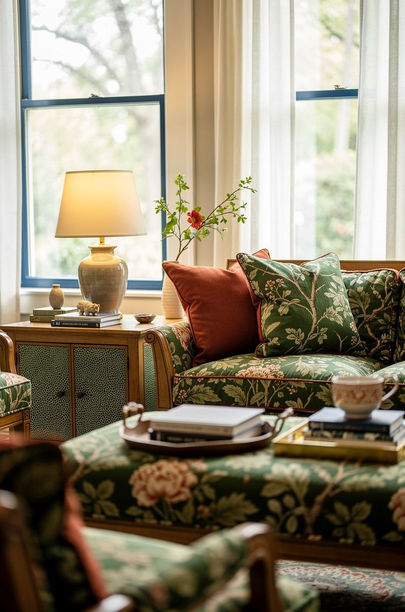 Frame windows with a blue border, not heavy drapery