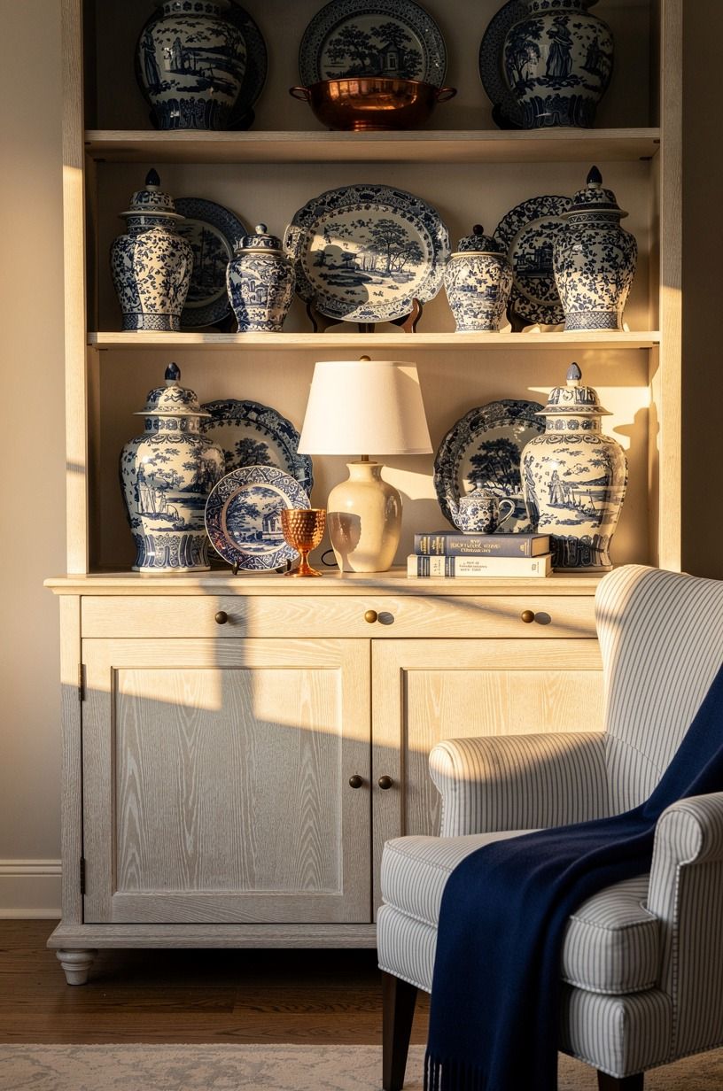 Layer blue china decor where you can see it