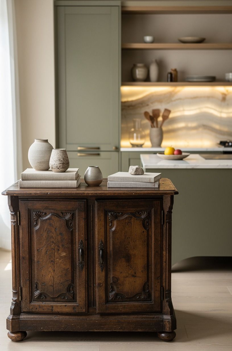 Bring in a dark wood antique cabinet