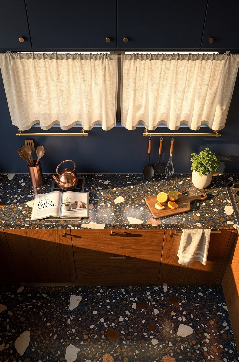 Hang a linen café curtain below the upper cabinets