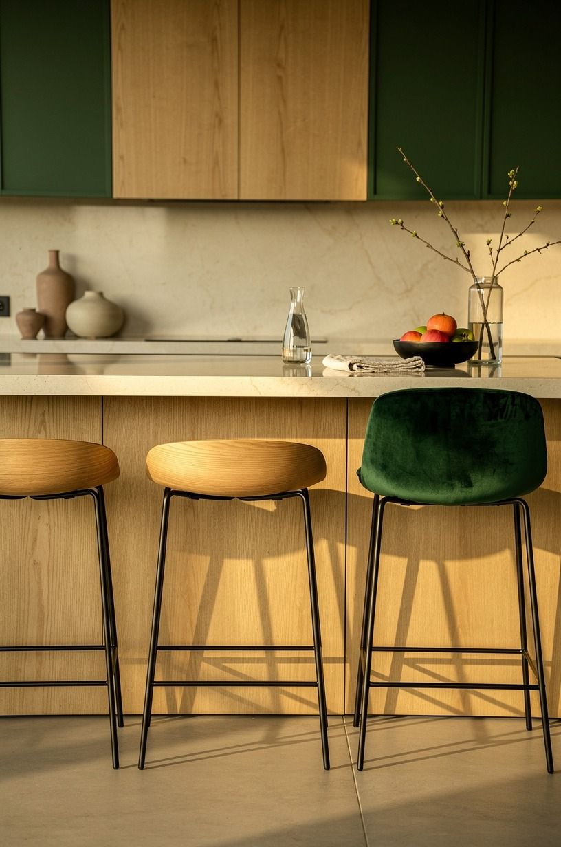Mix oak with blackened steel stools