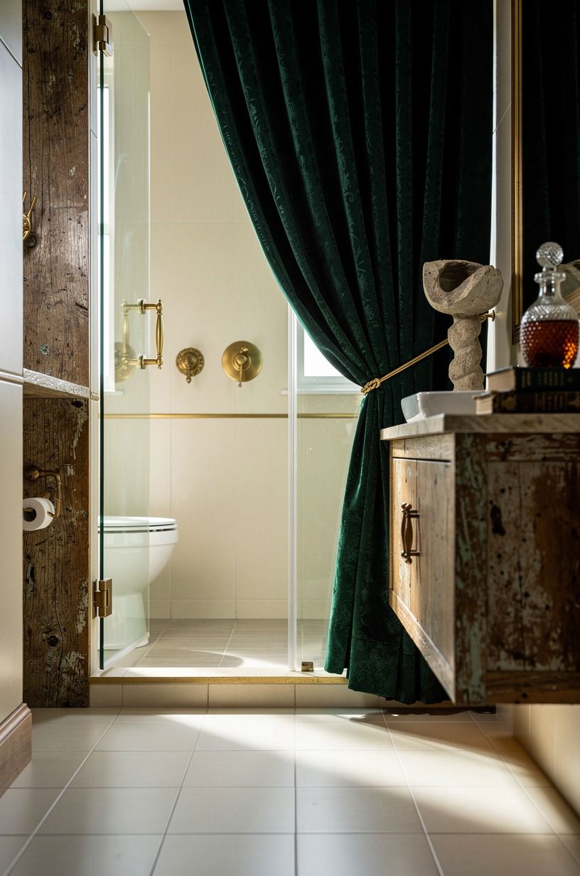 Hang a dramatic curtain outside the shower (speakeasy decor interior design)