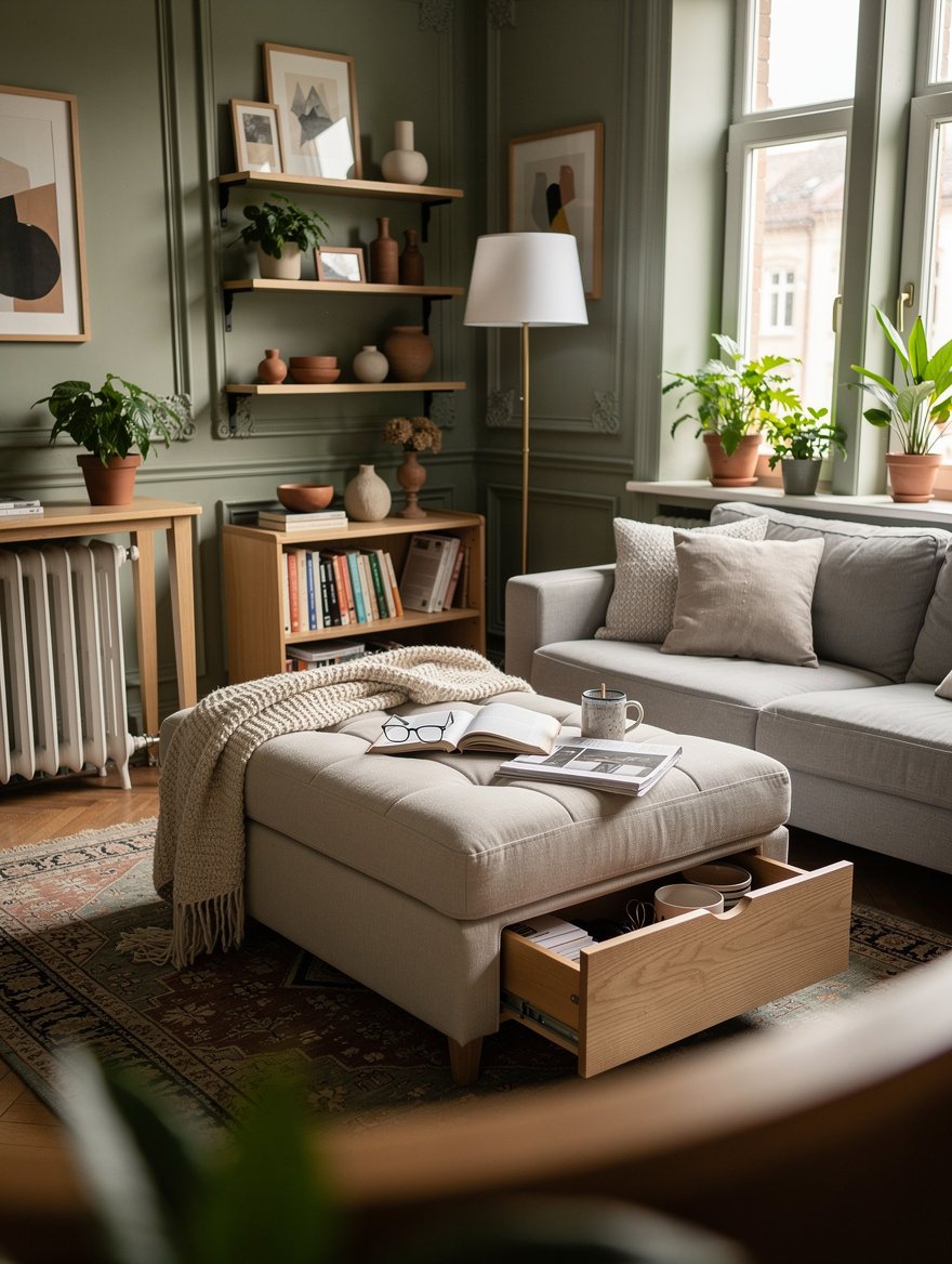 Swap the Hard Coffee Table for an Upholstered Ottoman