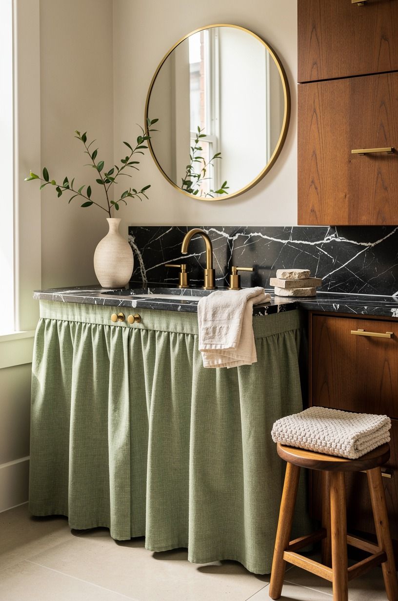 Frame the sink with a skirted vanity, not a trend-led pedestal