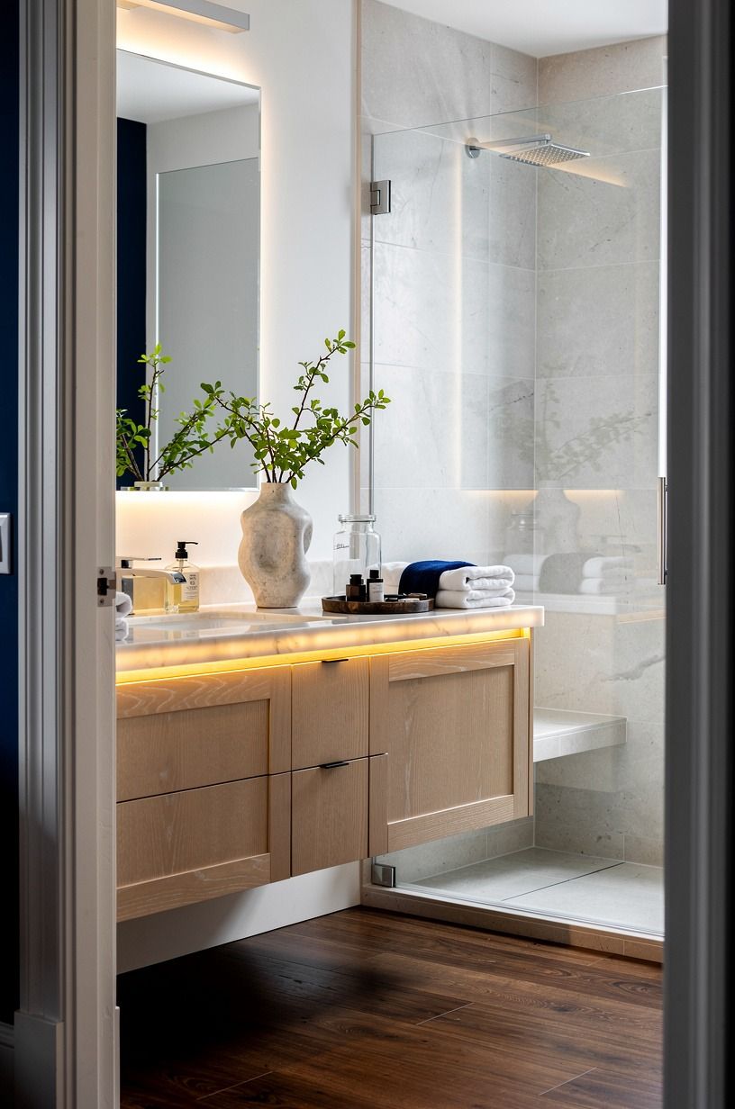 Float a Vanity Glow Under White Oak (luxury shower lighting ideas)