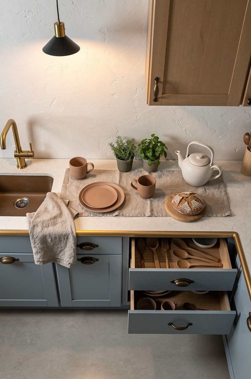 Choose blue and tan kitchen ideas with a warm counter edge
