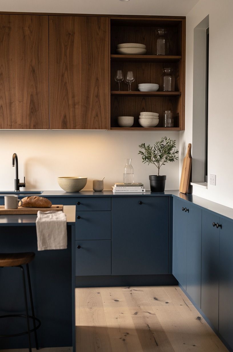 Follow the Two-Wood Rule for a lived-in blue kitchen