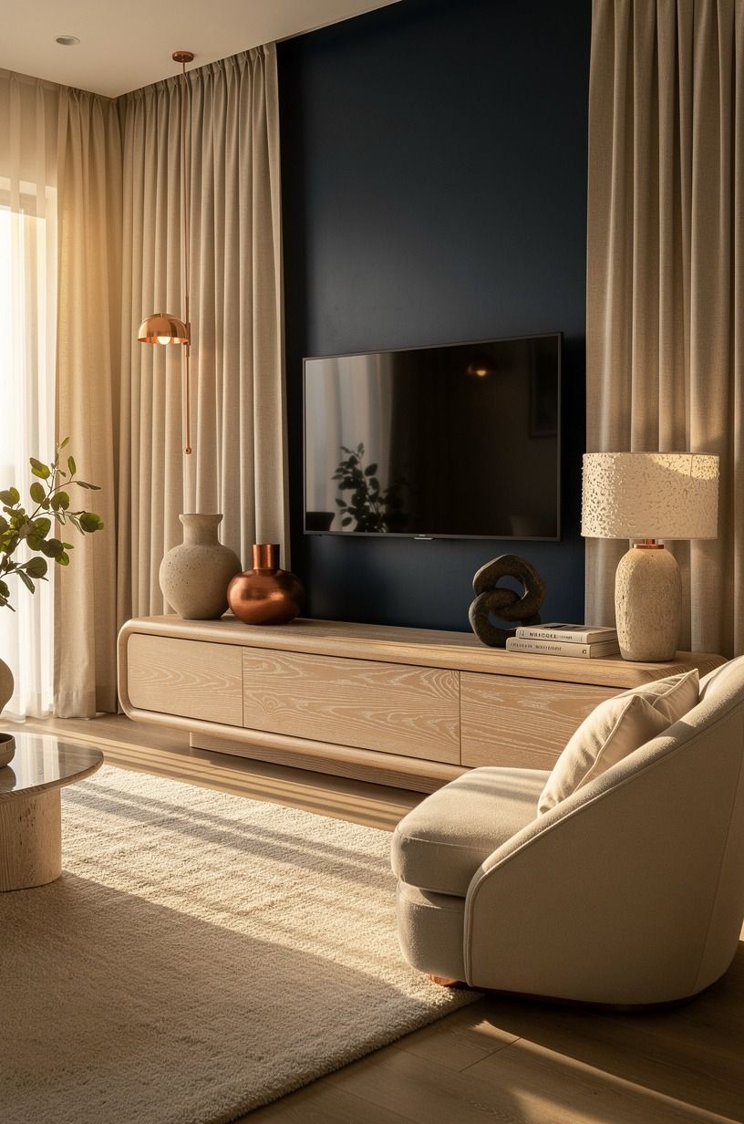 Frame a Living Room TV Shelf With Full-Length Drapes