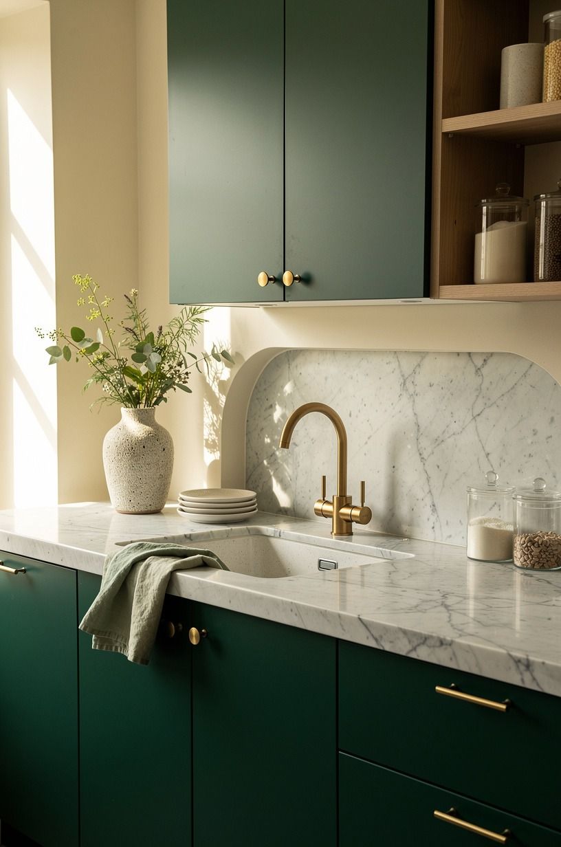 Frame the sink with a warm metal faucet