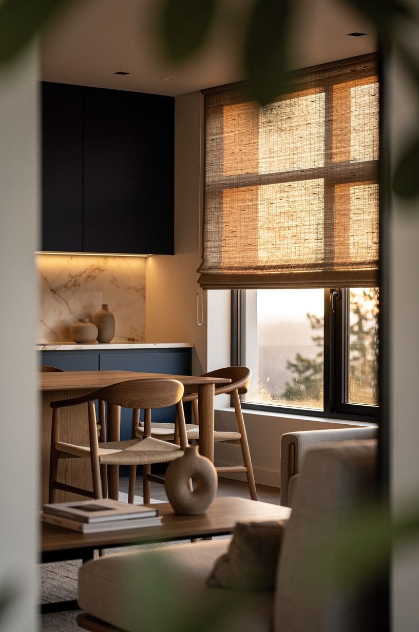 Use woven shades instead of fussy curtains