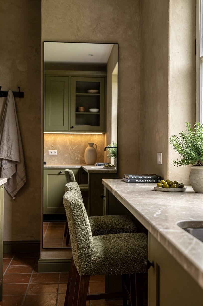 Hang a mirror to make a narrow kitchen feel deeper
