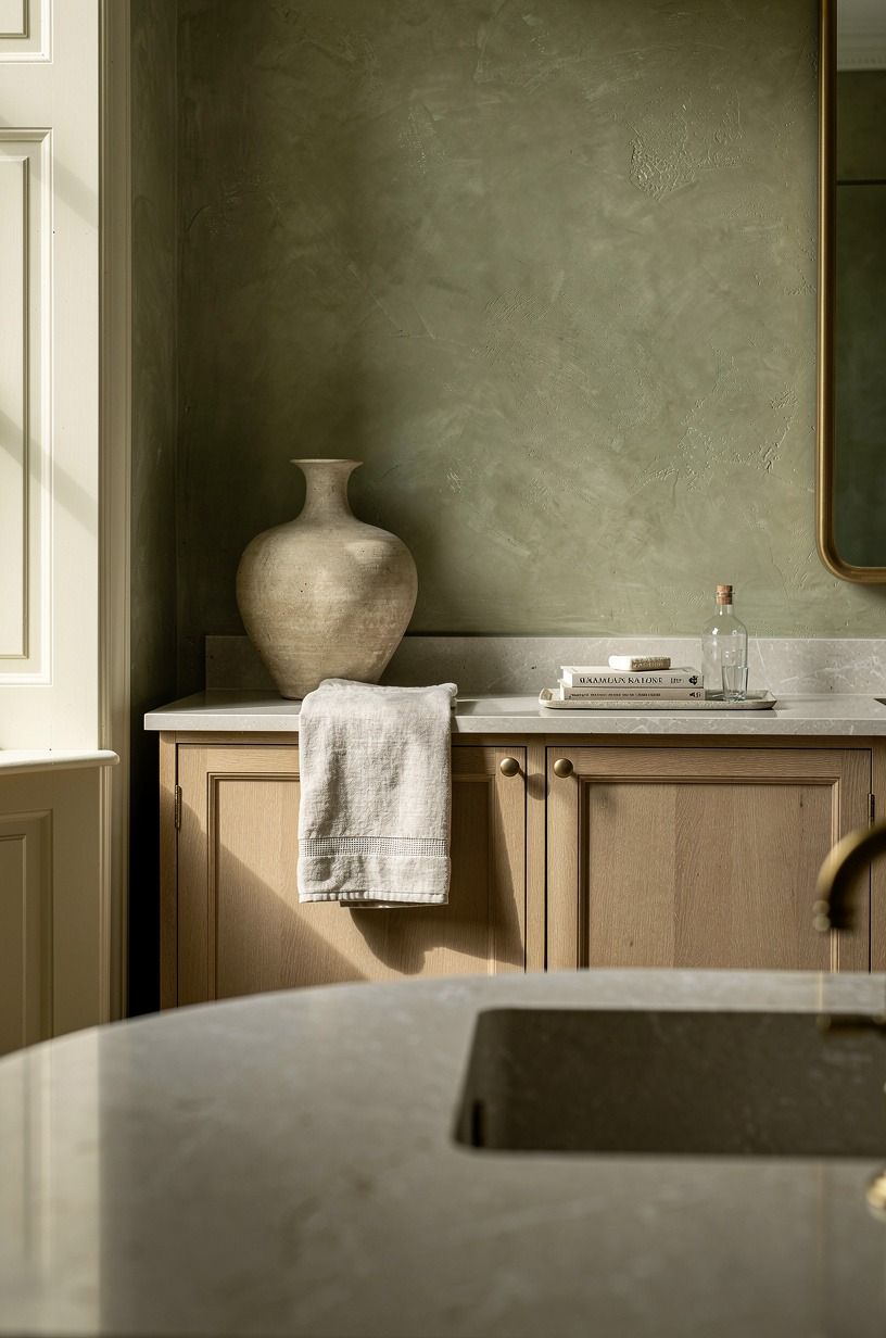 Frame the sink with a quiet stone surface