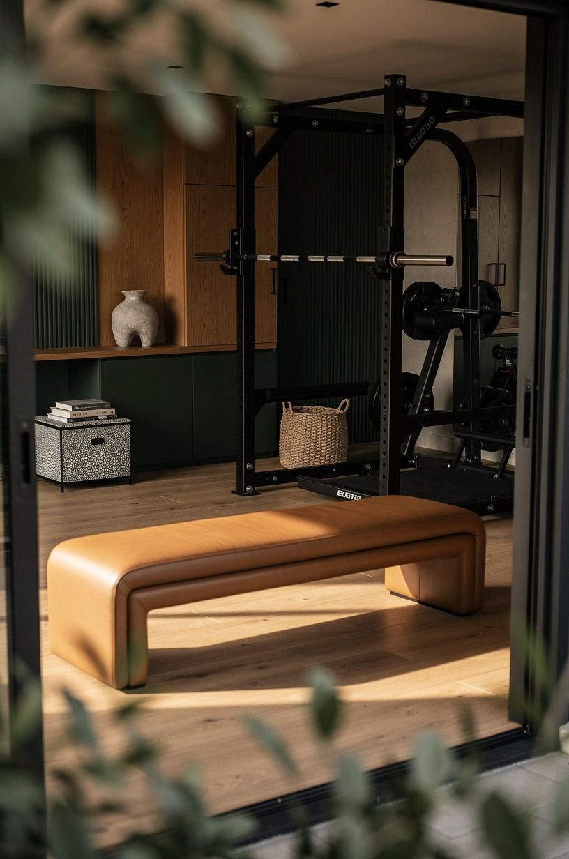 Can a tan leather bench soften black gym interior design?
