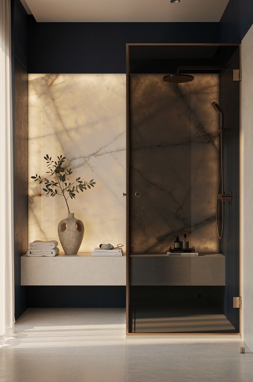 Anchor the room with a dark walk in shower glass screen