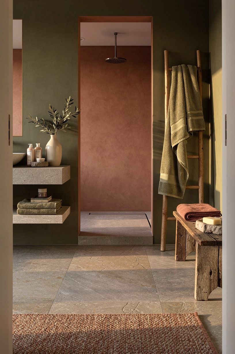 Finish with textiles that warm up the open shower