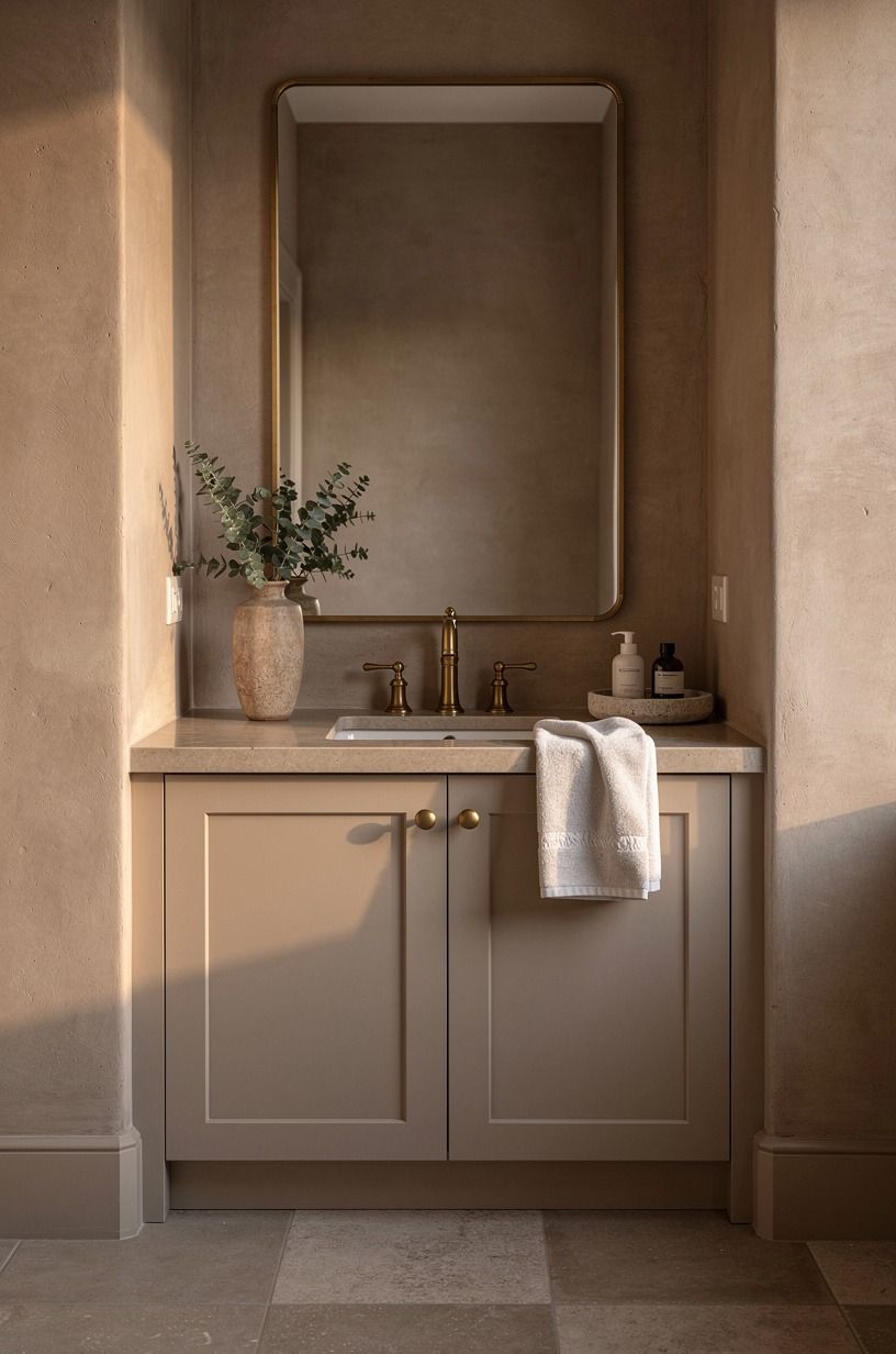 Frame the vanity with a quiet, solid material